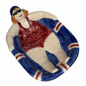 Vintage Ceramic Lotus Nantucket Lady Swimmer Hand Painted Pottery Bowl